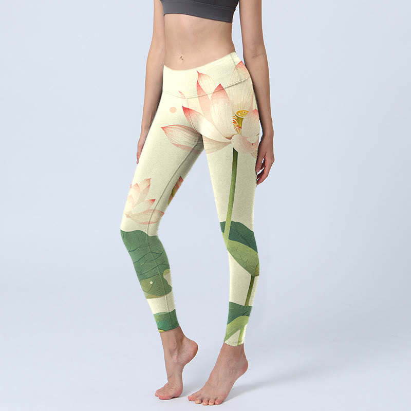 Lotus Flower Leaf Dragonfly Print Fitness Leggings Women's Yoga Pants