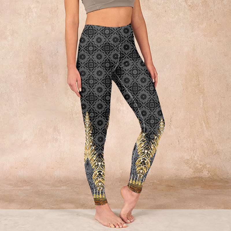 Dark Gray Geometric Gold Feather Print Gym Leggings Women's Yoga Pants