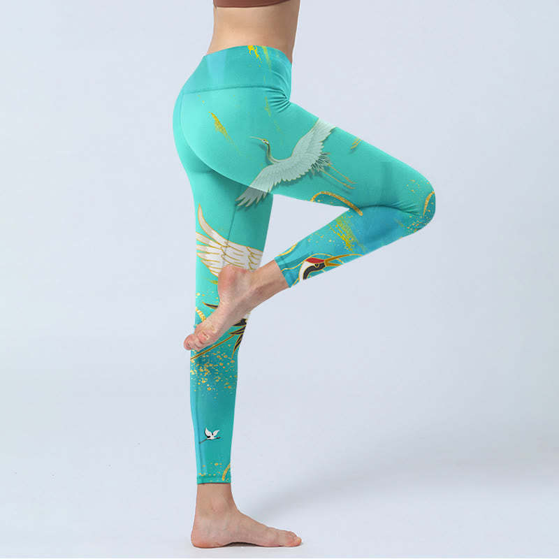 Mint Green Mountain Crane Print Fitness Leggings Women's Yoga Pants