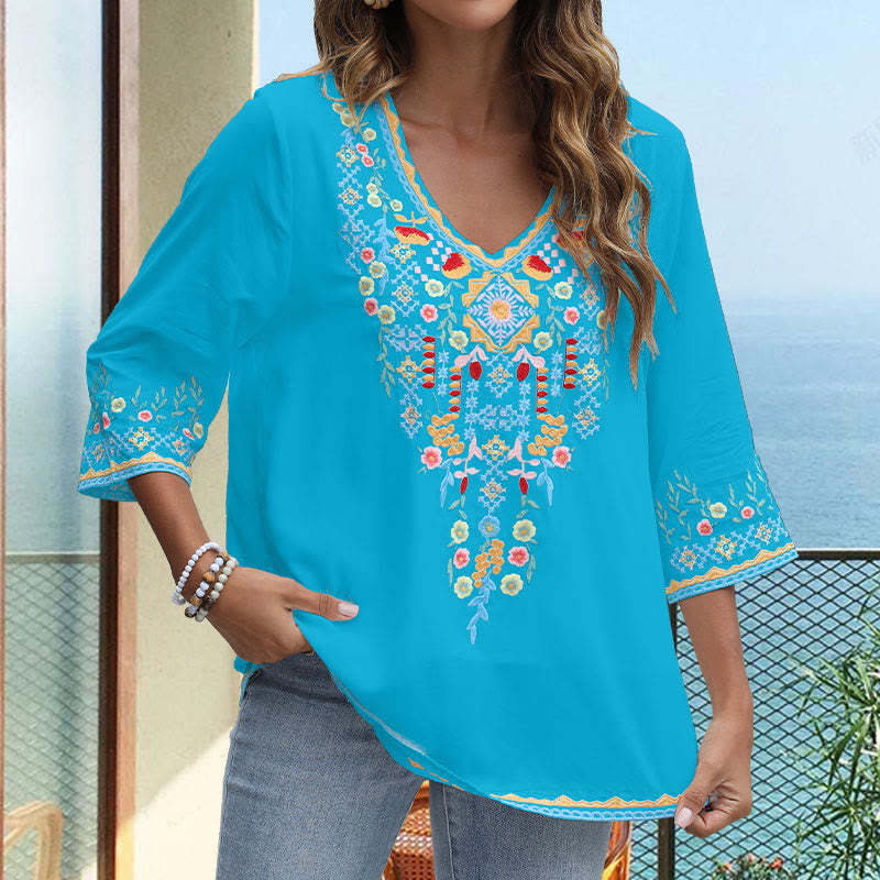 Spring Daily Embroidery Flower Pattern Long Sleeve V-neck Cotton Women's T-Shirt