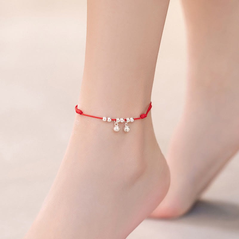 925 Sterling Silver Red String Braid Bell Charm Anklet