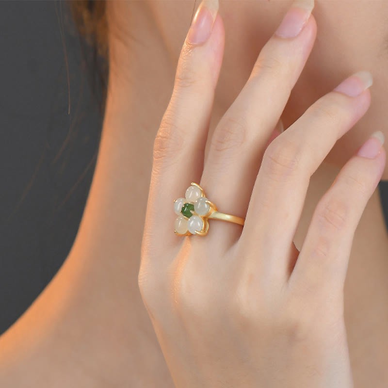 925 Sterling Silver Natural Hetian Jade Peach Blossom Flower Luck Adjustable Ring