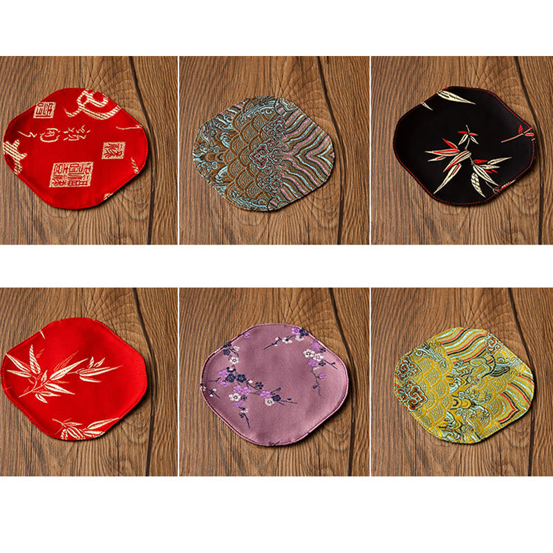 Sea Wave Bamboo Plum Blossom Brocade Embroidery Cup Mat Pad Tea Cup Coaster Kung Fu Tea Mat