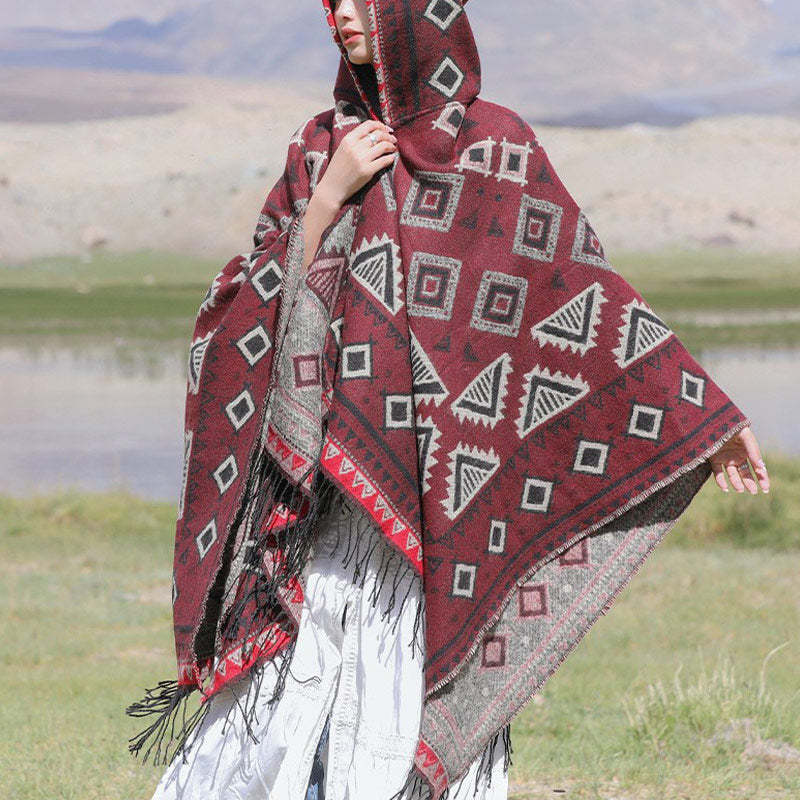 Tibetan Shawl Triangle Pattern Hooded Cloak Winter Cozy Travel Scarf Wrap