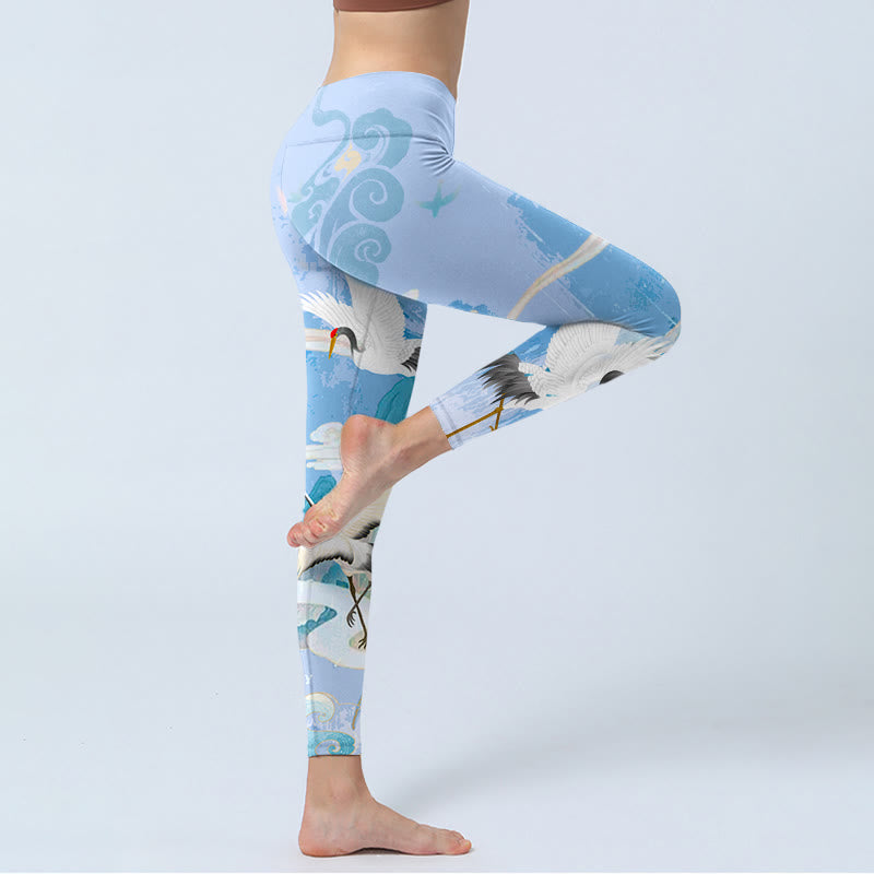 Mountain Auspicious Cloud Red-crowned Crane Pattern Print Gym Leggings Women's Yoga Pants