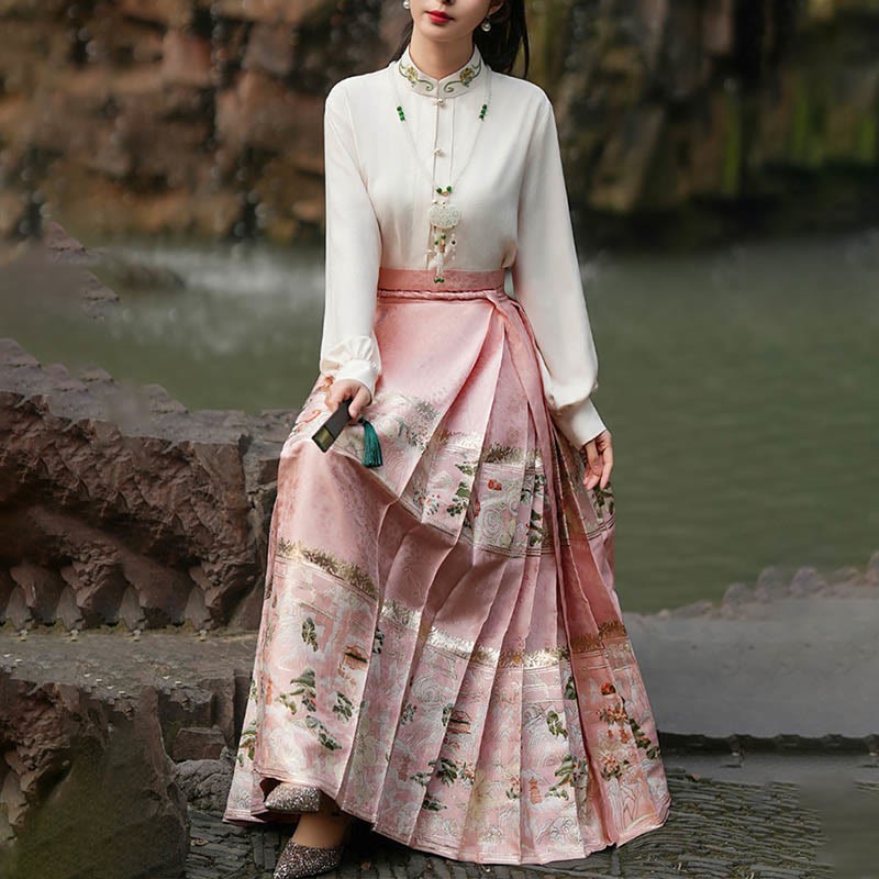 Chinese Hanfu Pink Peach Garden Printed Horse Face Skirt Mamianqun