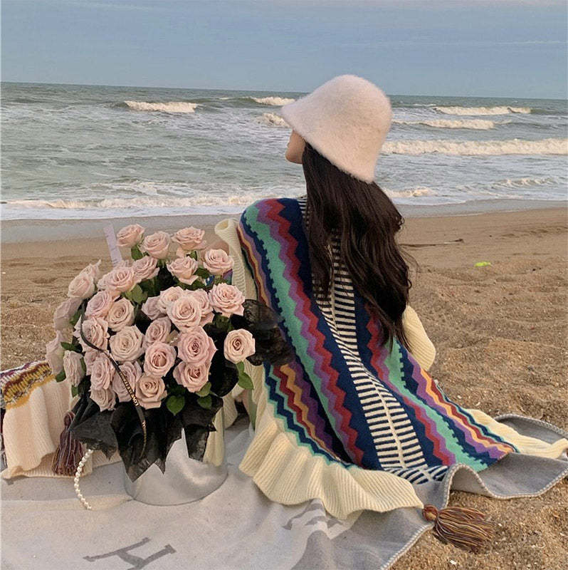 Tibetan Colorful Striped Shawl Tassels Cozy Warm Travel Scarf Wrap