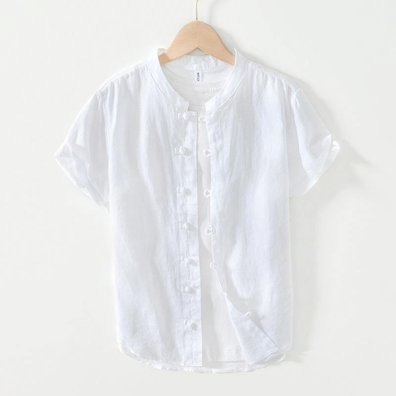 Daily Frog-Button Stand Collar Short Sleeve Linen Men's Shirt