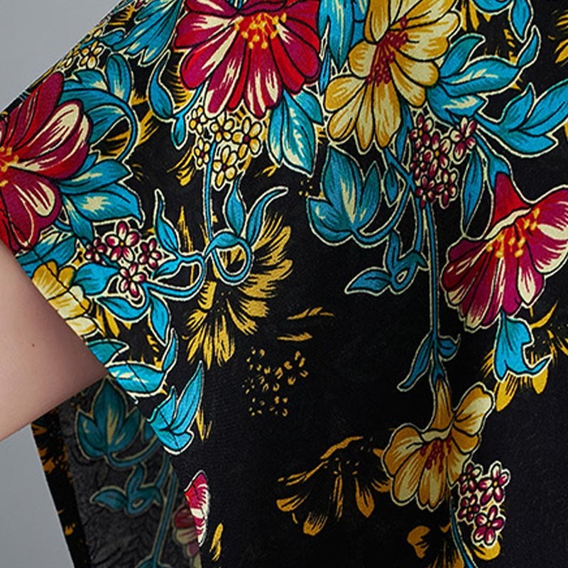 Casual Loose Printing Flower Pattern V-Neck Half Sleeve Design Polyester Midi Dress With Pockets