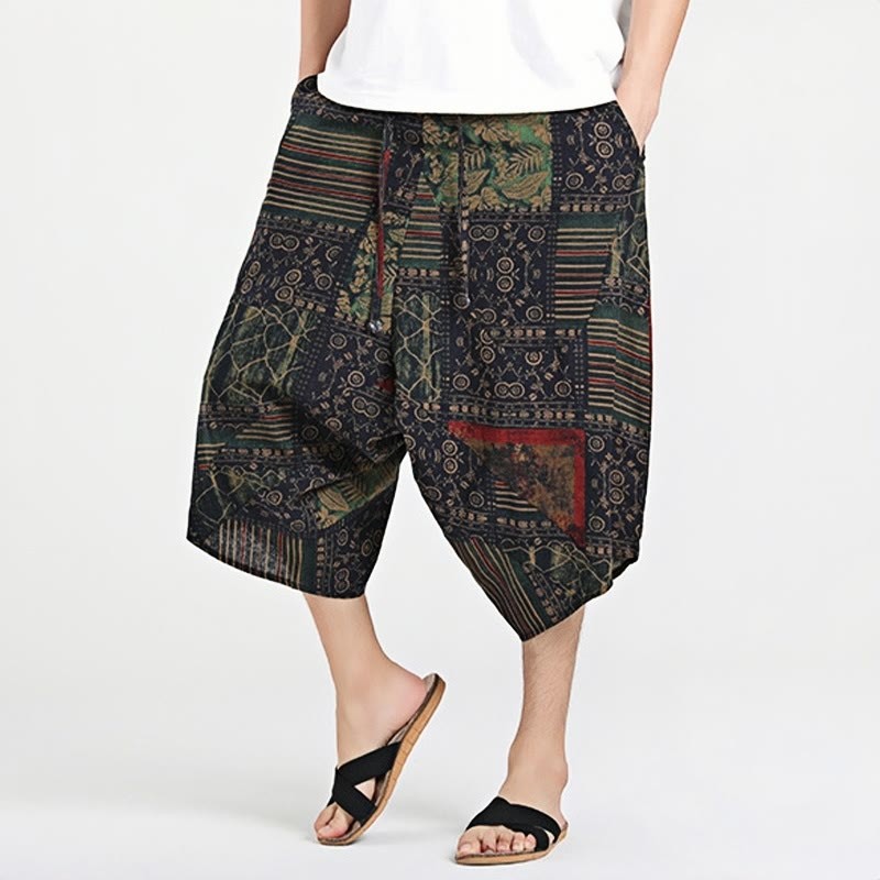 Ethnic Pattern Drawstring 7-8 Length Cotton Men's Harem Pants With Pockets
