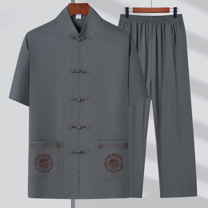 Fu Character Embroidery Tang Suit Traditional Frog-Button Short Sleeve Top Pants Clothing Men's Set