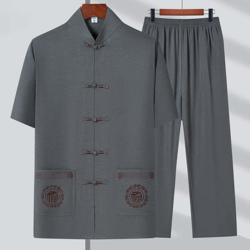 Fu Character Embroidery Tang Suit Traditional Frog-Button Short Sleeve Top Pants Clothing Men's Set