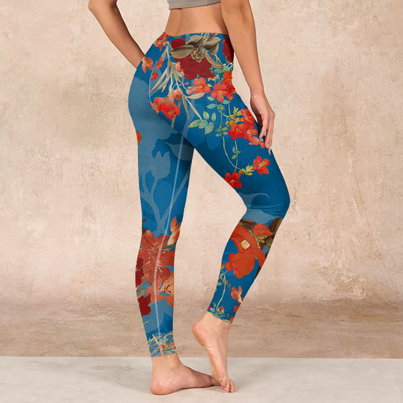 Blue Red Flowers Birds Print Gym Leggings Women's Yoga Pants
