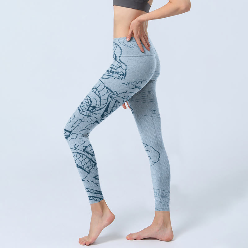 Blue Soaring Dragon Swirling Clouds Print Gym Leggings Women's Yoga Pants