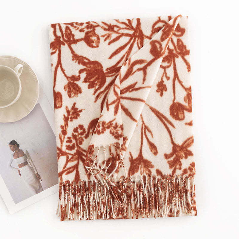 Tibetan Shawl Blooming Flower Branches Print Tassels Fall Winter Cozy Warm Scarf Wrap