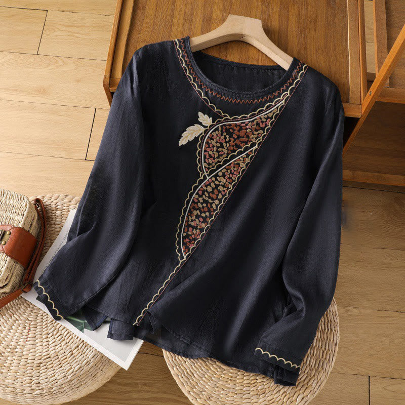 Ethnic Embroidery Crew Neck Cotton Linen Pullover Clothing