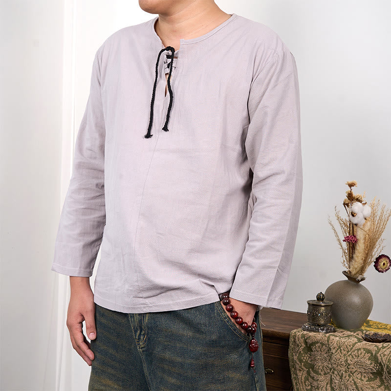 Solid Color Lace-up Long Sleeve Cotton Linen Men's Shirt