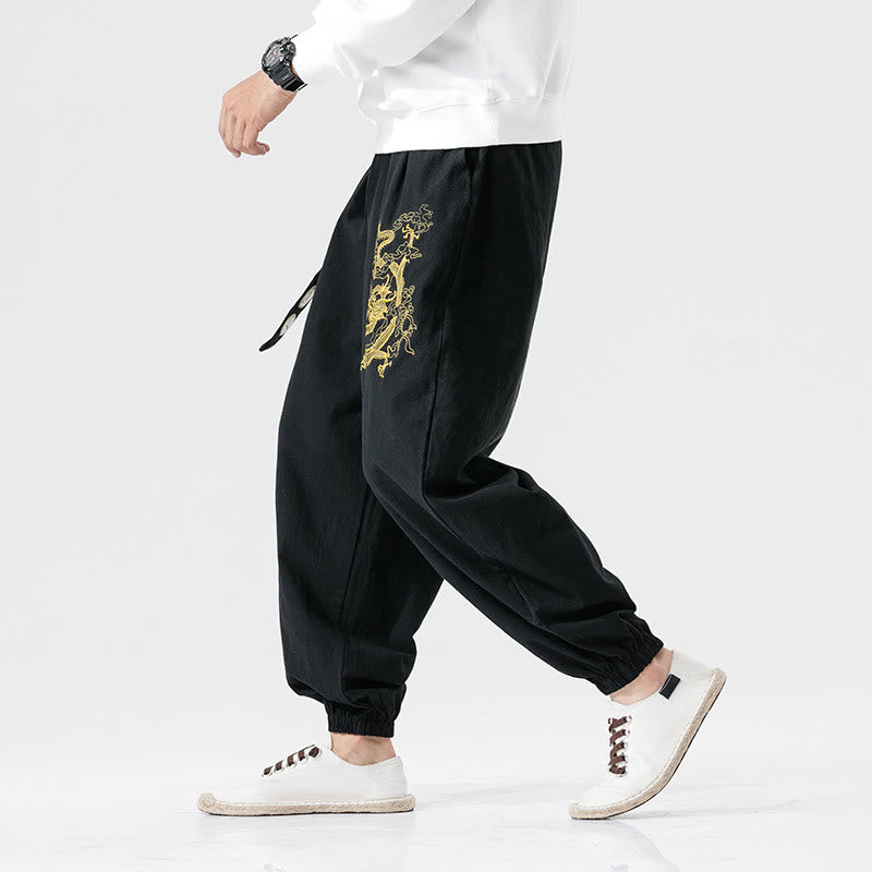 Auspicious Clouds Dragon Cotton Men's Pants With Pockets