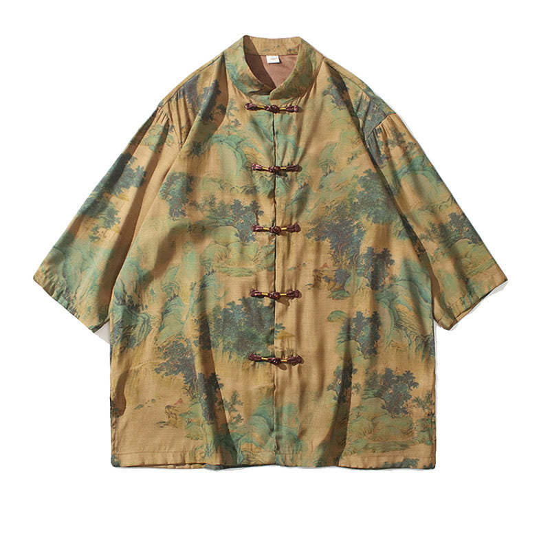 Landscape Chinese Dragon Pattern Chinese Three Quarter Sleeve Shirt Men T-shirt
