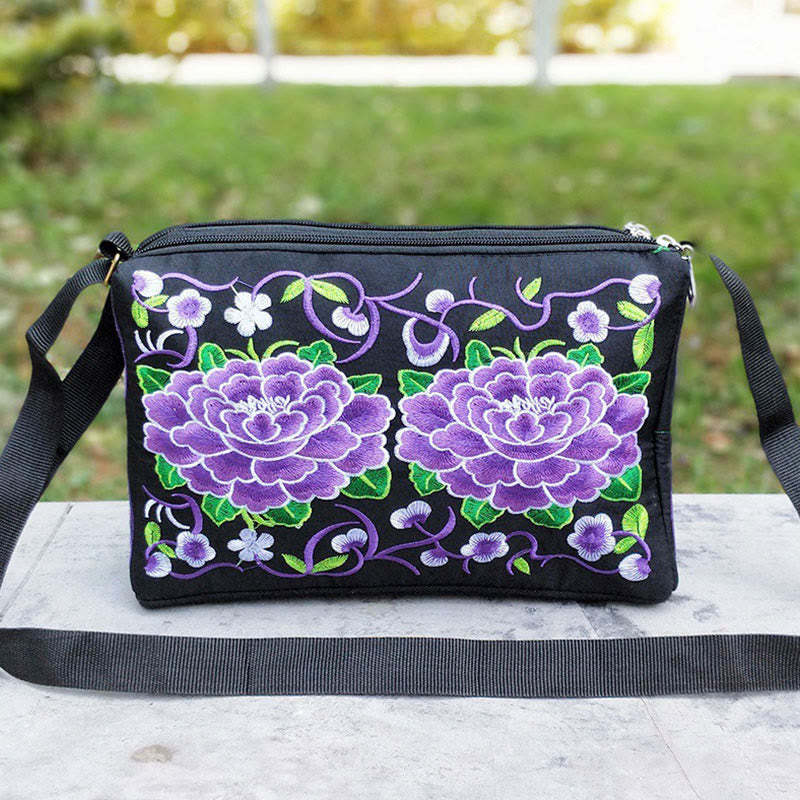 Galsang Inula Flower Peony Peacock Double-Sided Embroidery Canvas Shopping Purse Handbag Crossbody Bag
