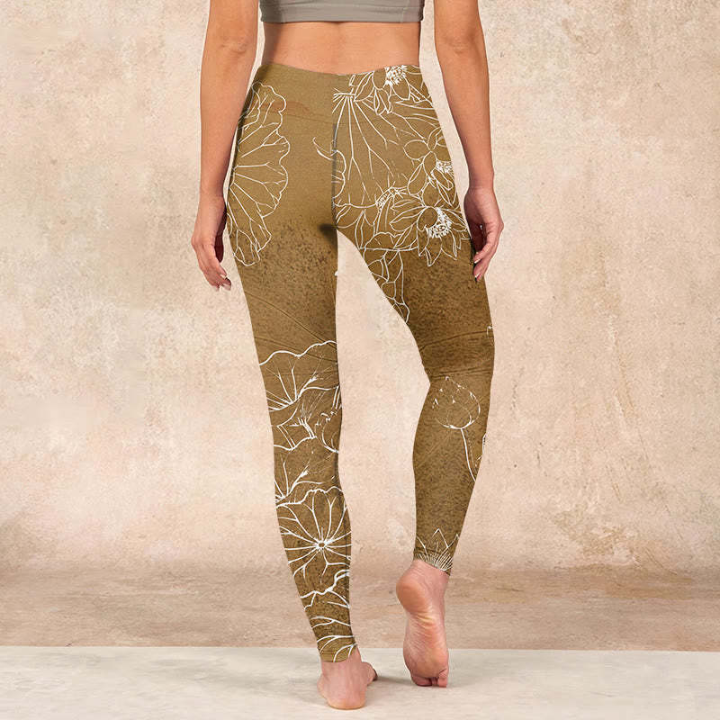 Goldenrod Lotus Flowers Leaves Print Gym Fitness Leggings Women's Yoga Pants