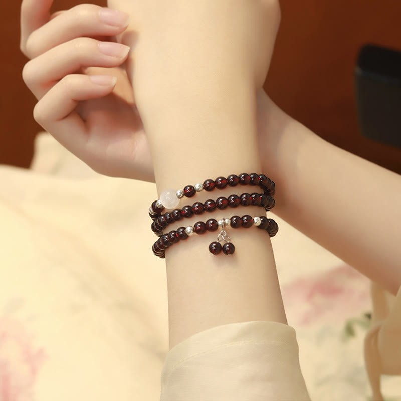 925 Sterling Silver Natural Garnet Cat Eye Protection Triple Wrap Bracelet