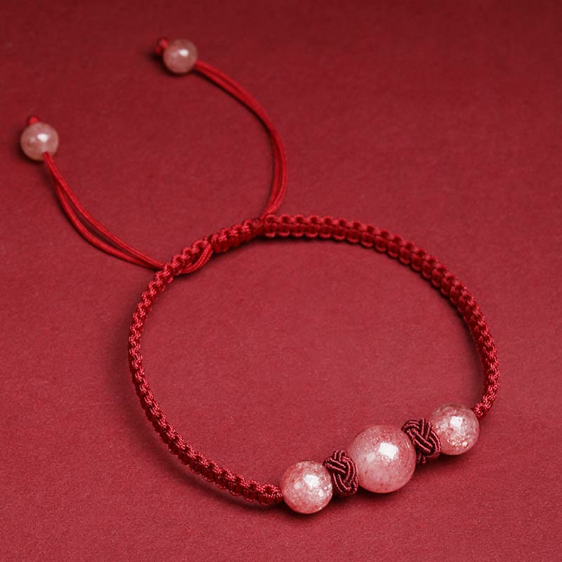 Natural Strawberry Quartz Crystal Love Red String Weave Bracelet Anklet