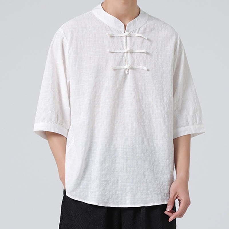 Frog-Button Plaid Pattern Chinese Tang Suit Half Sleeve Shirt Cotton Linen Men Clothing