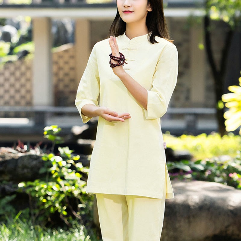 2Pcs Half Sleeve Shirt Top Pants Meditation Zen Tai Chi Cotton Linen Clothing Women's Set