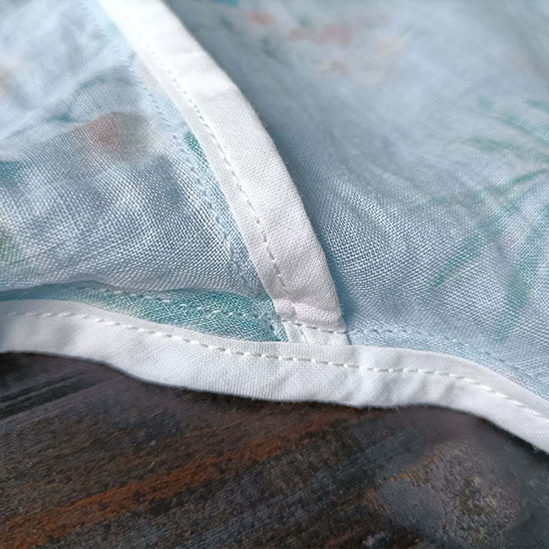 Light Green Pink Flowers Green Leaves Frog-Button Long Sleeve Ramie Linen Jacket Shirt