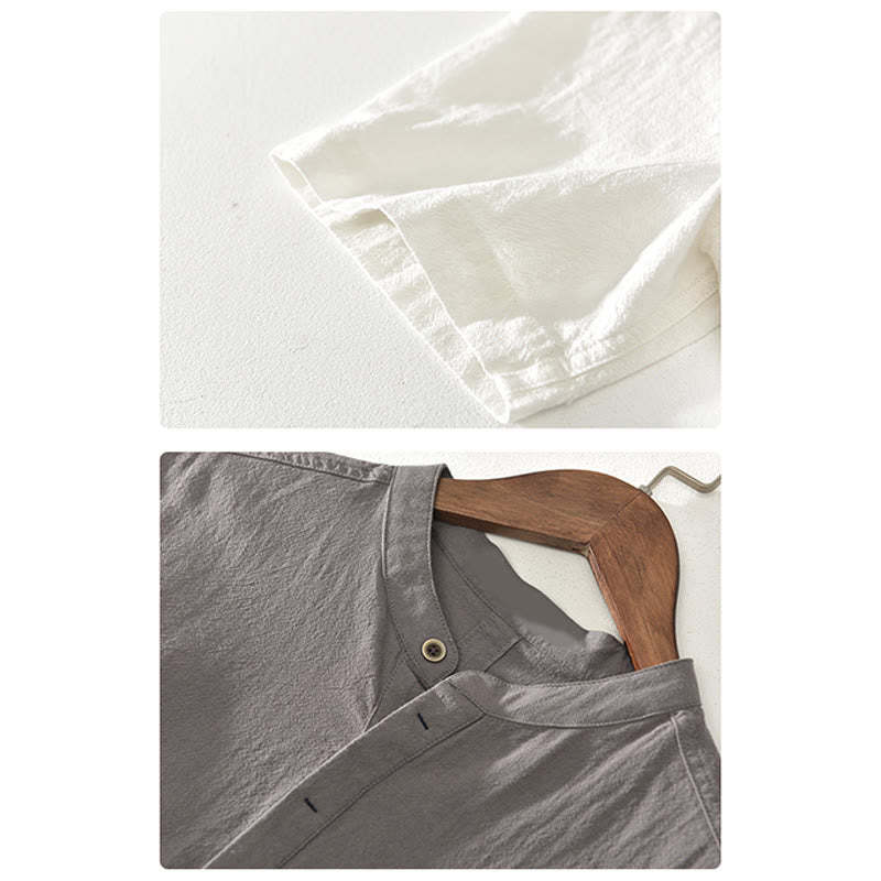 Solid Color Short Sleeve Half Button Shirt Cotton Linen Men Clothing