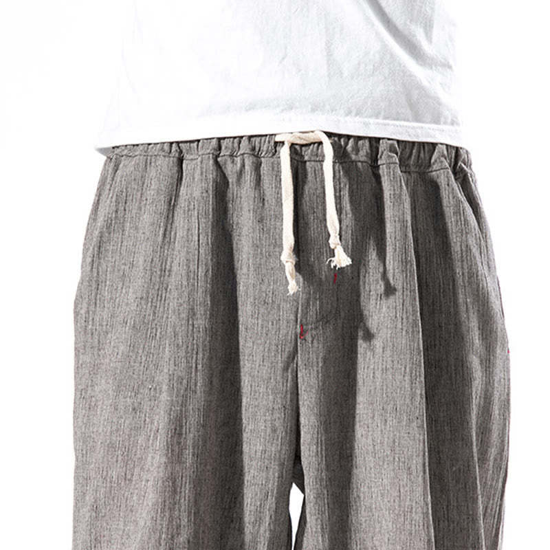 Casual Solid Color Drawstring Linen Men's Pants With Pockets