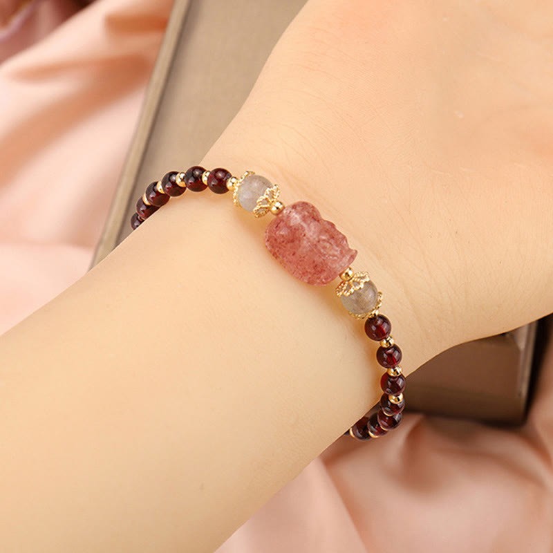 Natural Tourmaline Garnet Strawberry Quartz PiXiu Moonstone Protection Bracelet