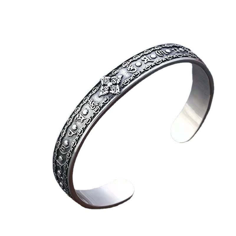 925 Sterling Silver Om Mani Padme Hum Double Dorje Engraved Wisdom Cuff Bracelet Bangle