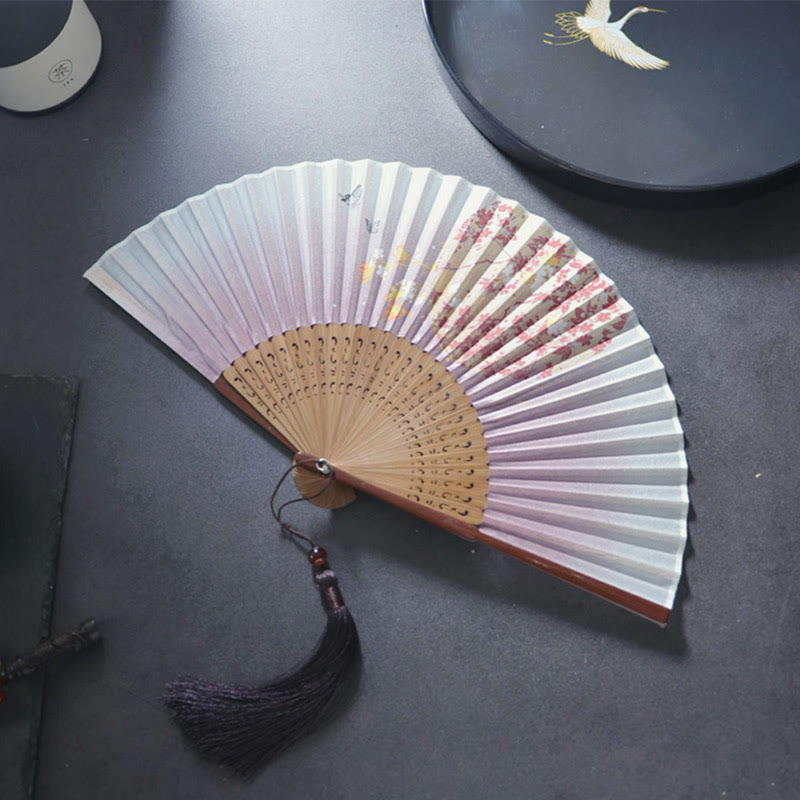 Gardenia Cherry Blossom Moon Handheld Polyester Bamboo Folding Fan 21cm