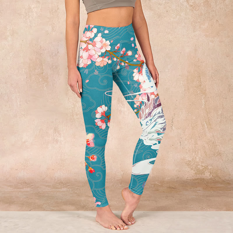 Dragon Cherry Blossoms Print Gym Leggings Women's Yoga Pants