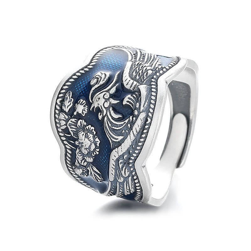 925 Sterling Silver Phoenix Peony Flowers Carved Luck Adjustable Ring