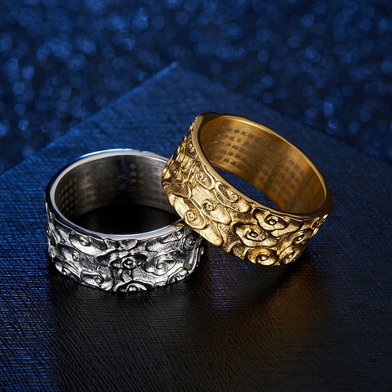 Auspicious Clouds Engraved Heart Sutra Pattern Titanium Steel Calm Ring