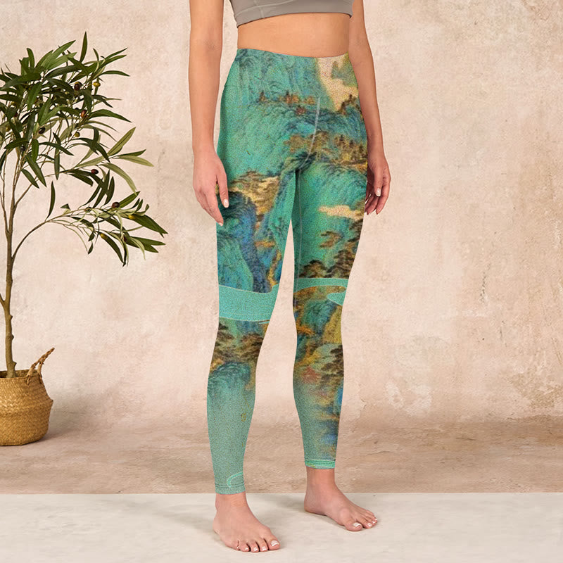Chinese Style Green Mountains Landscape Print Lycra Fabric Fitness Leggings Women's Yoga Pants
