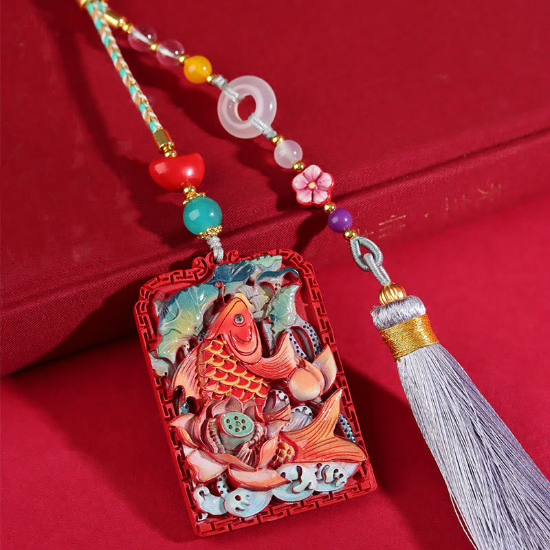 Natural Cinnabar Koi Fish Lotus Design Blessing Peace Buckle Car Hanging Decoration