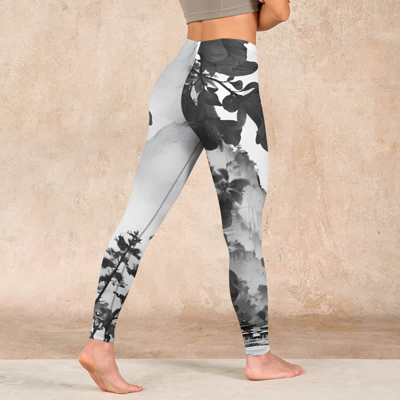 Ink Painting Trees Mountains Scenery Print Gym Leggings Women's Yoga Pants