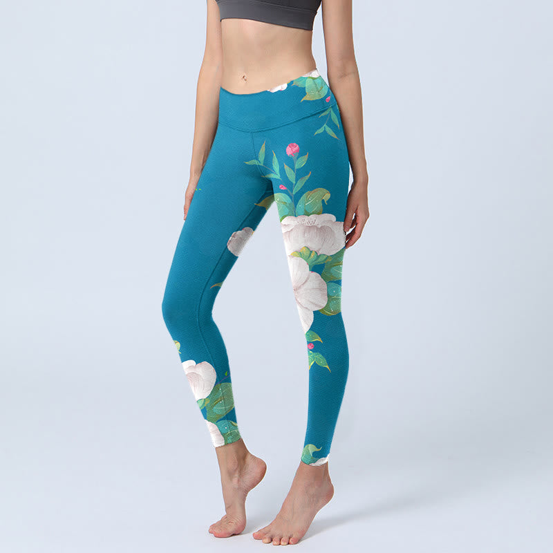 Blue White Flowers Leaves Print Sports Leggings Women's Yoga Pants