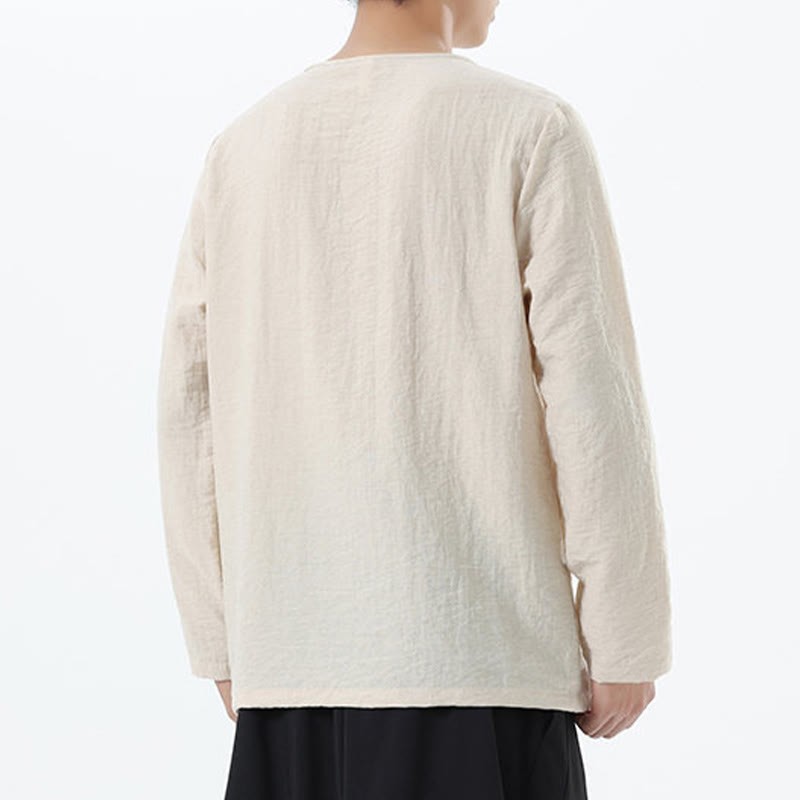 Men's Long Sleeve Round Collar Comfort Cotton Linen Shirt