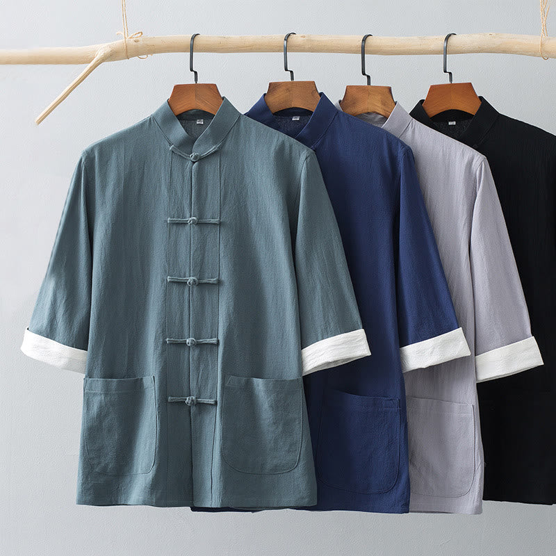 Frog-Button Chinese Tang Suit Half Sleeve Shirt Cotton Men Clothing With Pockets