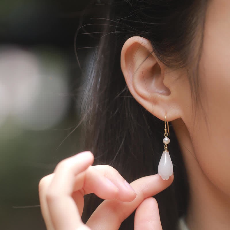 925 Sterling Silver White Jade Magnolia Flower Happiness Drop Earrings