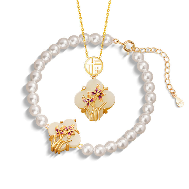 925 Sterling Silver Hetian Jade Orchid Four Leaf Clover Fu Character Pearl Luck Necklace Pendant Bracelet Set