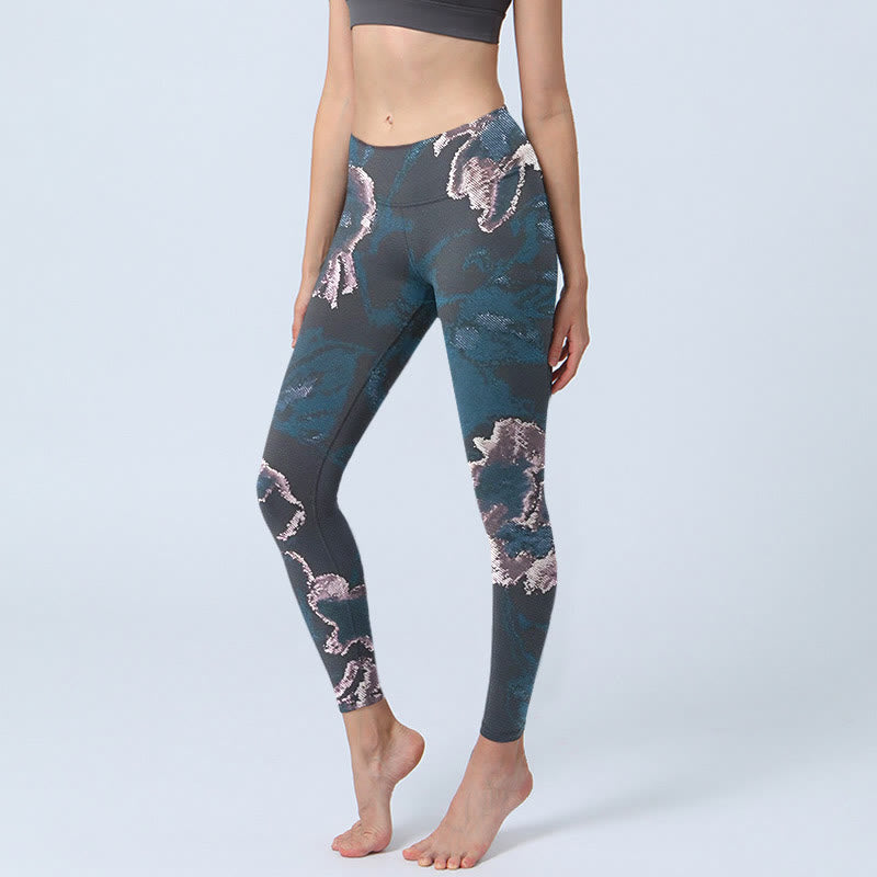 SteelBlue Silver Flowers Print Exercise Leggings Women's Yoga Pants