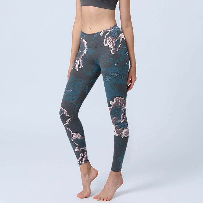 SteelBlue Silver Flowers Print Exercise Leggings Women's Yoga Pants