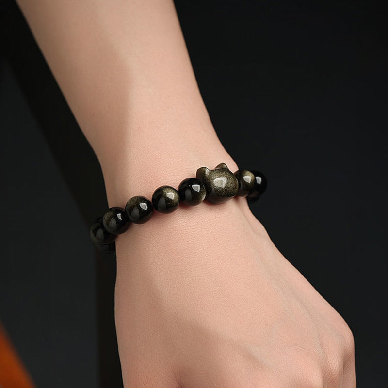 Gold Sheen Obsidian Silver Sheen Obsidian Lovely Paw Lucky Cat Protection Bracelet