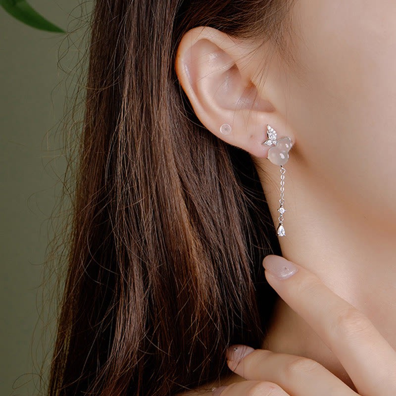 Hetian Jade Magnolia Chalcedony 925 Sterling Silver Butterfly Gourd Luck Earrings